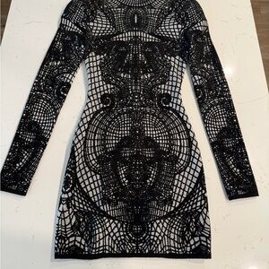 New Balmain Patterned-Knit Body-Con Minidress Black